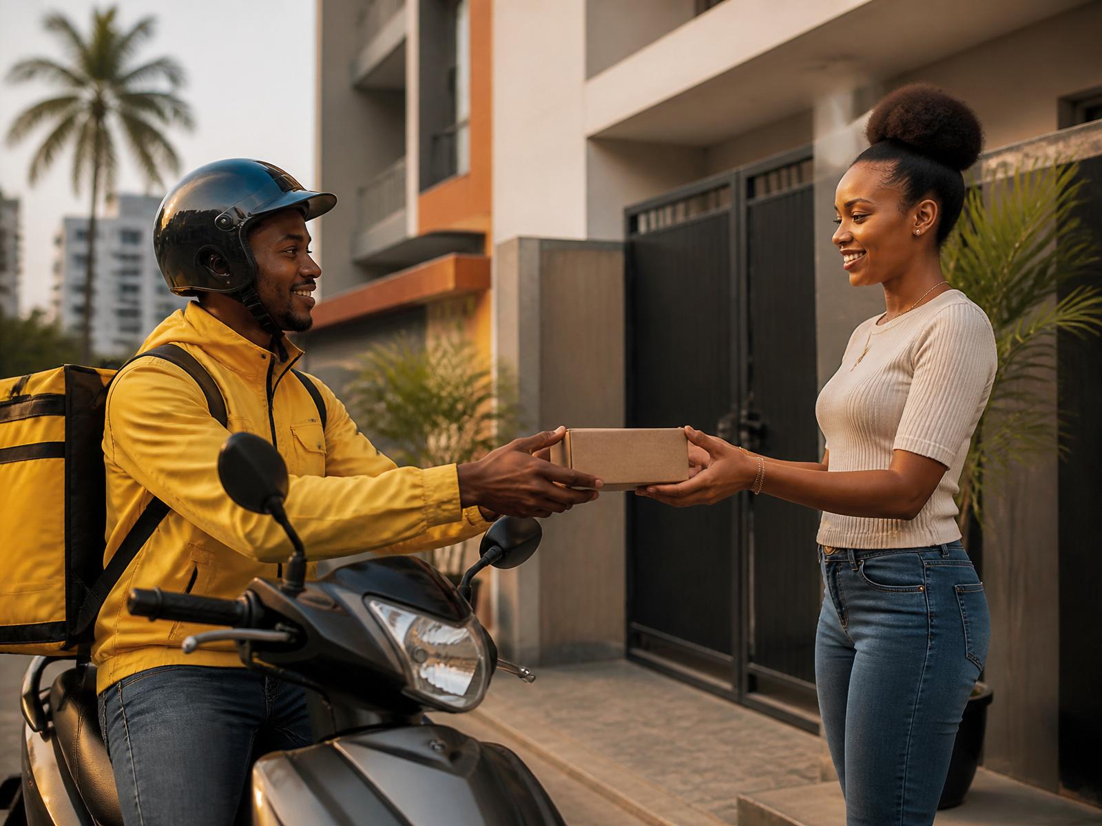 A GoSharp courier hands a parcel to a customer